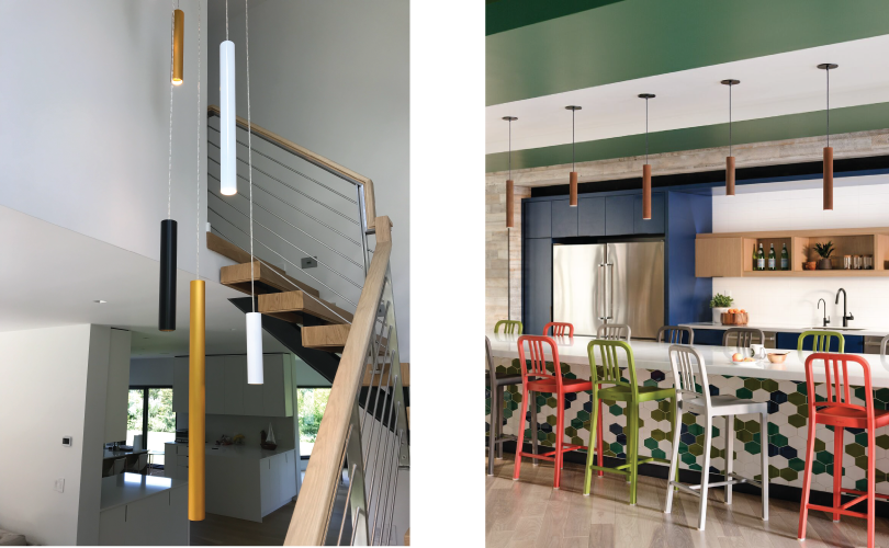 Lindsley Reed XL over colorful modern bar and above staircase