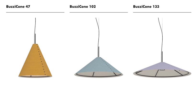 BuzziCone variations by TLA new manufacturer BuzziSpace acoustic lighting